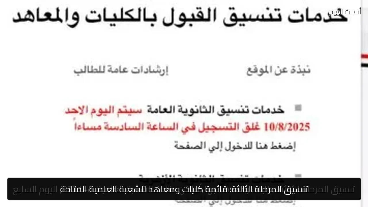 تنسيق المرحلة الثالثة: قائمة كليات ومعاهد للشعبة العلمية المتاحة