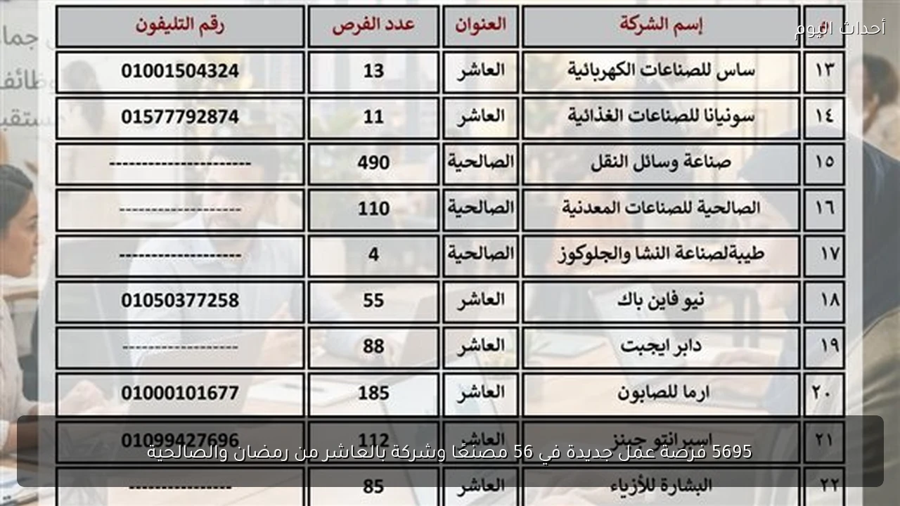 5695 فرصة عمل جديدة في 56 مصنعًا وشركة بالعاشر من رمضان والصالحية