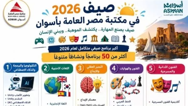 مكتبة مصر العامة بأسوان تطلق 50 برنامجا صيفيا لعام 2026