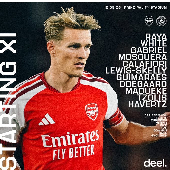 Starting XI: Raya, White, Gabriel, Mosquera, Calafiori, Lewis-Skelly, Guimaraes, Odegaard, Madueke, Tzolis, HavertzSubstitutes: Arrizabalaga, Hincapie, Zubimendi, Merino, Rice, Eze, Dowman, Saka, Gyokeres