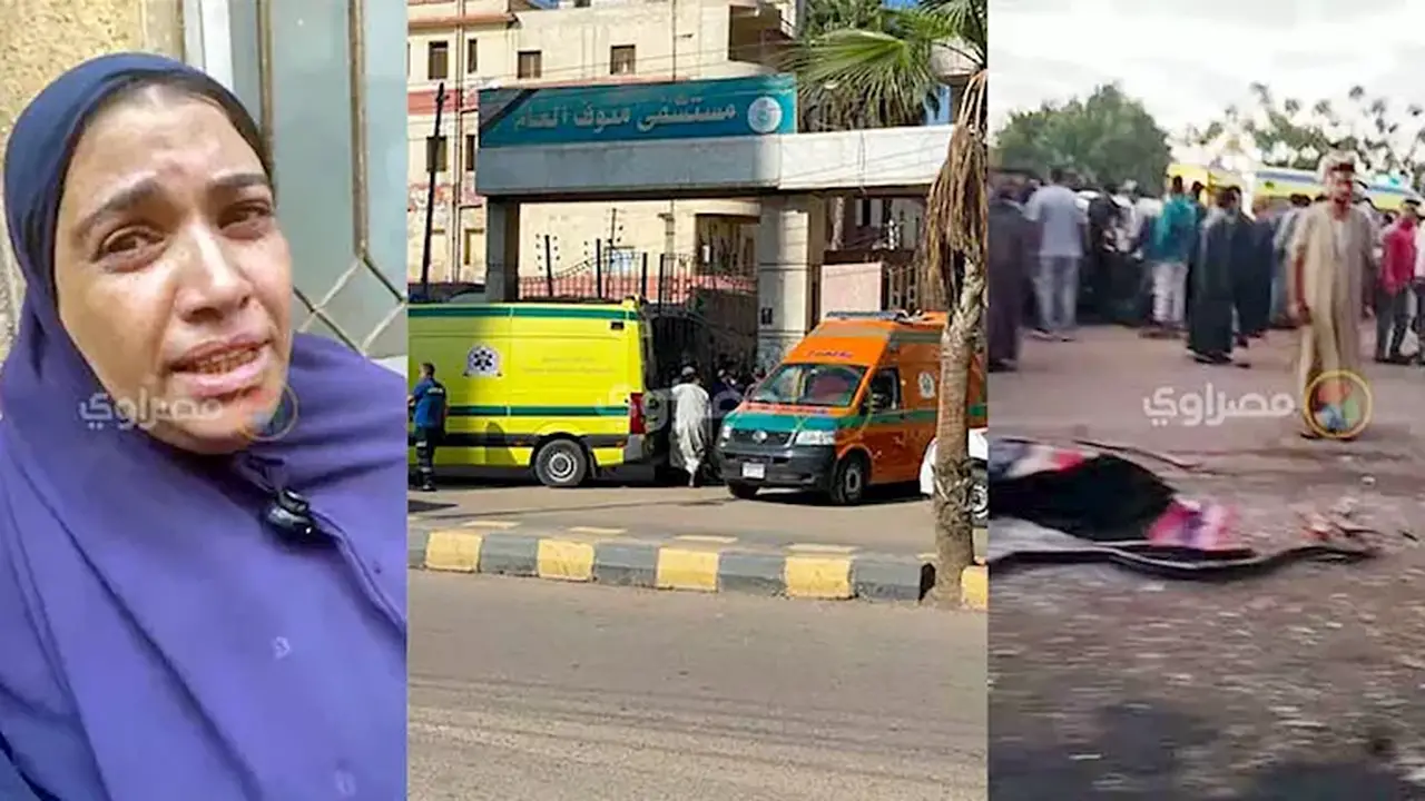 سيدة تبكي أمام مستشفى منوف: “أخويا وابني اتصابوا” بعد حادث انقلاب سيارة عمال – صور